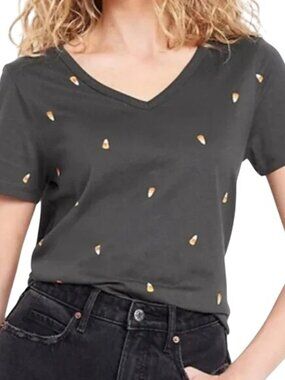 Old Navy Everywear T Shirt Size XL V Neck Short Sleeve Candy Corn Print Gray NEW